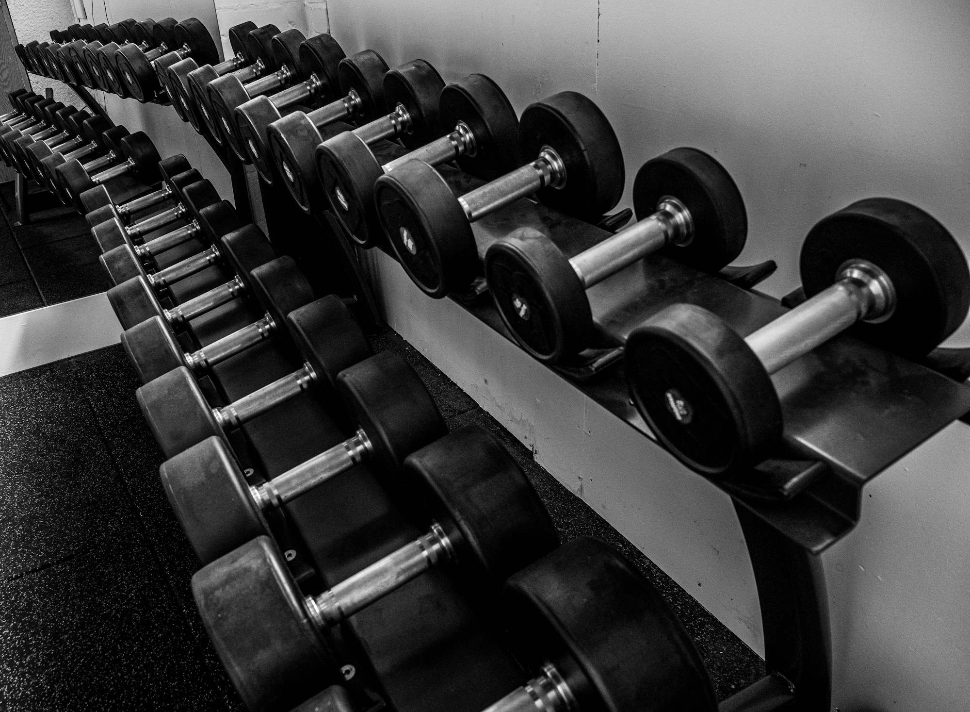 Strength training equipment in a gym